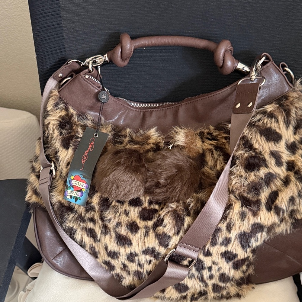 Ed Hardy original new with tagsFaux Fur Leopard Print Brown Satchel Shoulder Bag